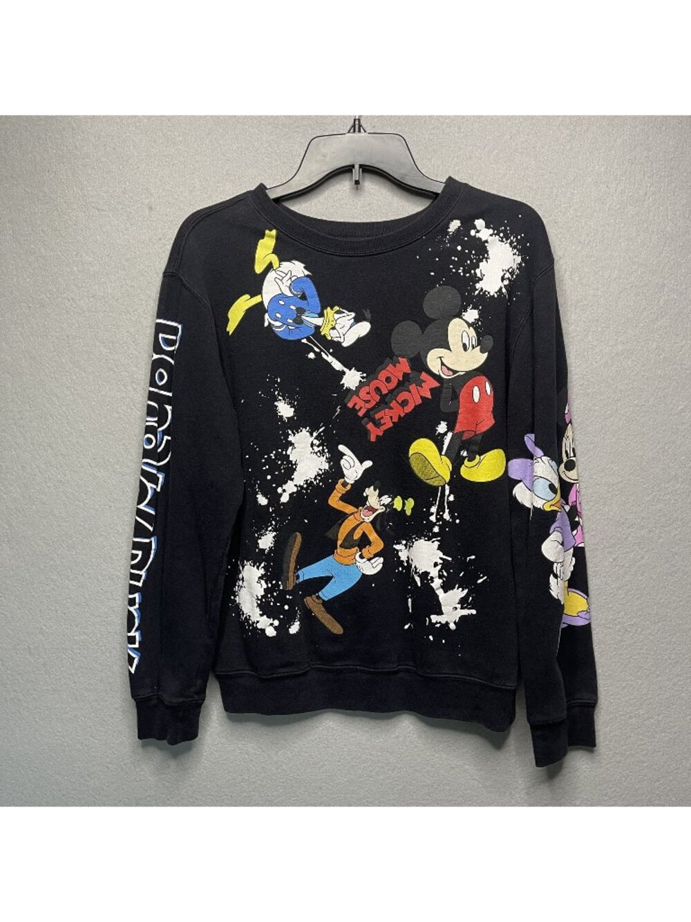 Disney Mickey Mouse & Friends Black Crewneck Sweatshirt Splatter Graphic Size M